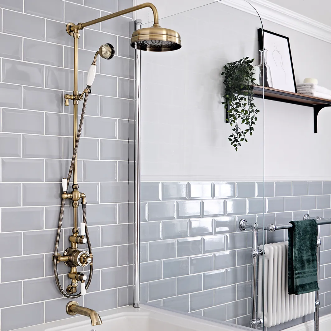 Milano Elizabeth traditional exposed thermostatic shower in Brushed Gold, £439.99, Big Bathroom Shop