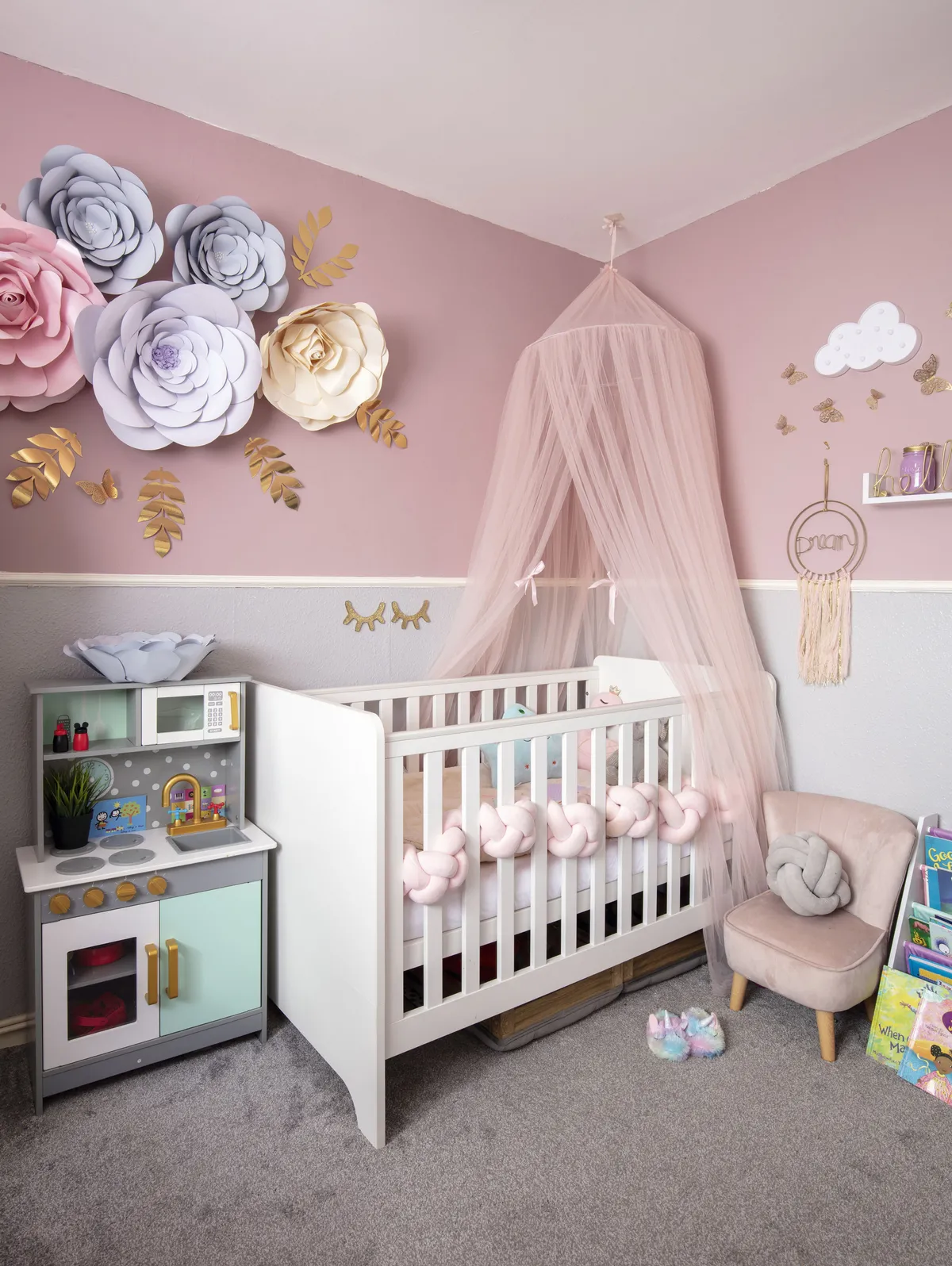 Jumbo paper flowers and a canopy create a fairytale feel in Amaal’s room. After the arrival of Adam, Alimah plans to update it to suit them both. ‘It’s going to be decorated with two big murals for each of them,’ she says
