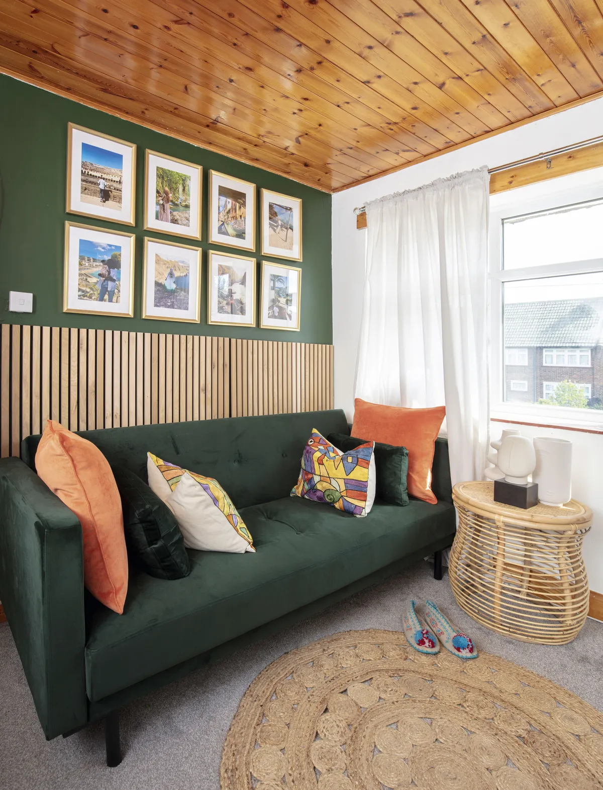 In the guest room, Alimah made panelling by gluing wooden cladding to the wall. ‘This is my favourite room in the house as it’s clutter-free, so it’s where I chill out,’ she says