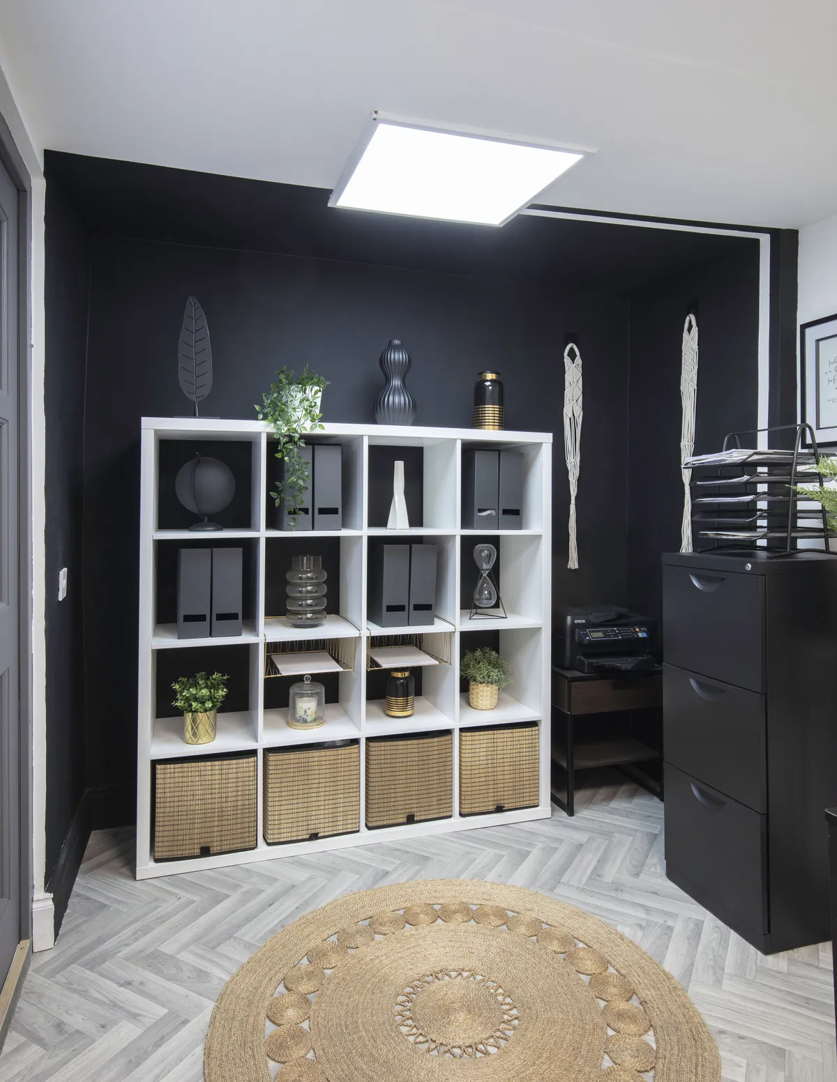 Alimah went bold with a black feature wall and sleek furniture in the garden office. ‘My husband briefed me on what he needed and left the design up to me,’ she says. ‘Black was perfect for disguising the imperfections of the walls, which are not 100 per cent straight’