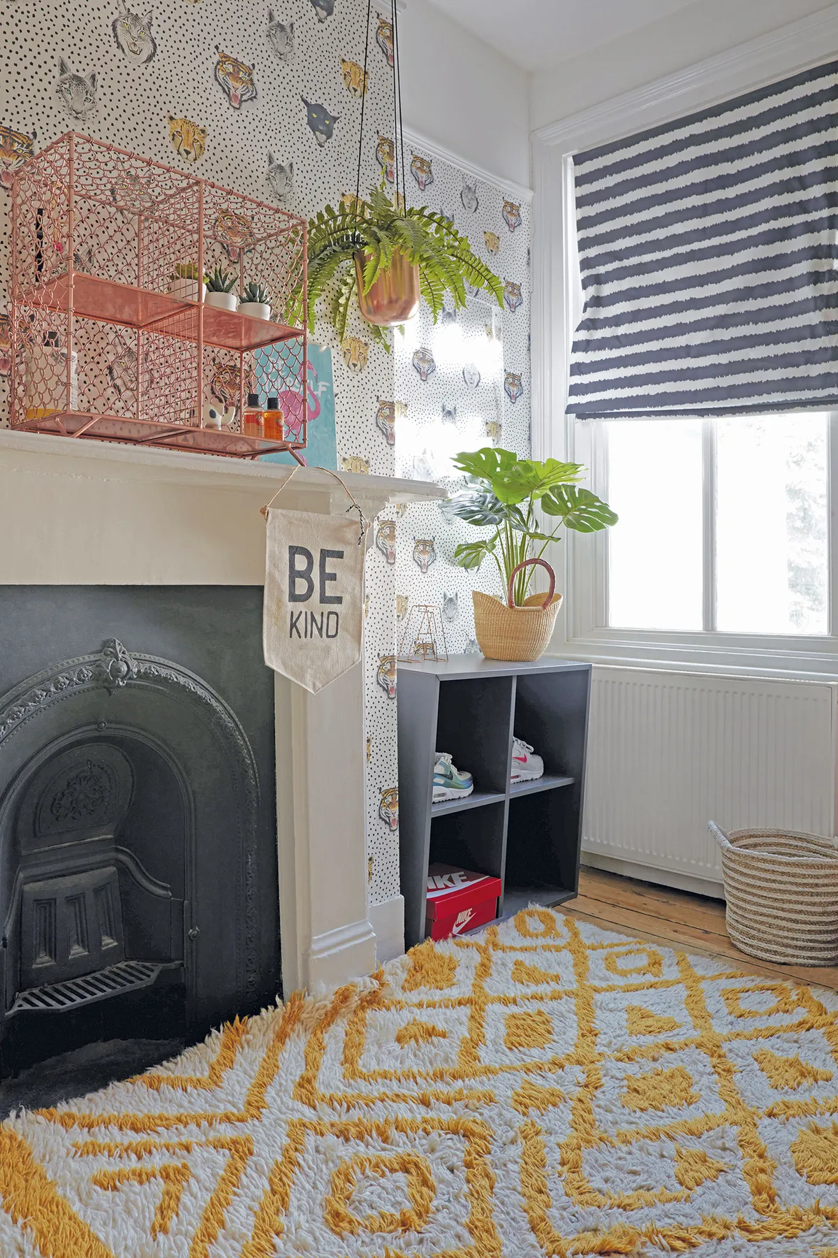 ‘The Berber-style rug is from La Redoute; it has a beautiful bold impact on the room while giving a soft, warm finish. The wildlife-inspired wallpaper was my daughter’s choice as she loves all things nature’