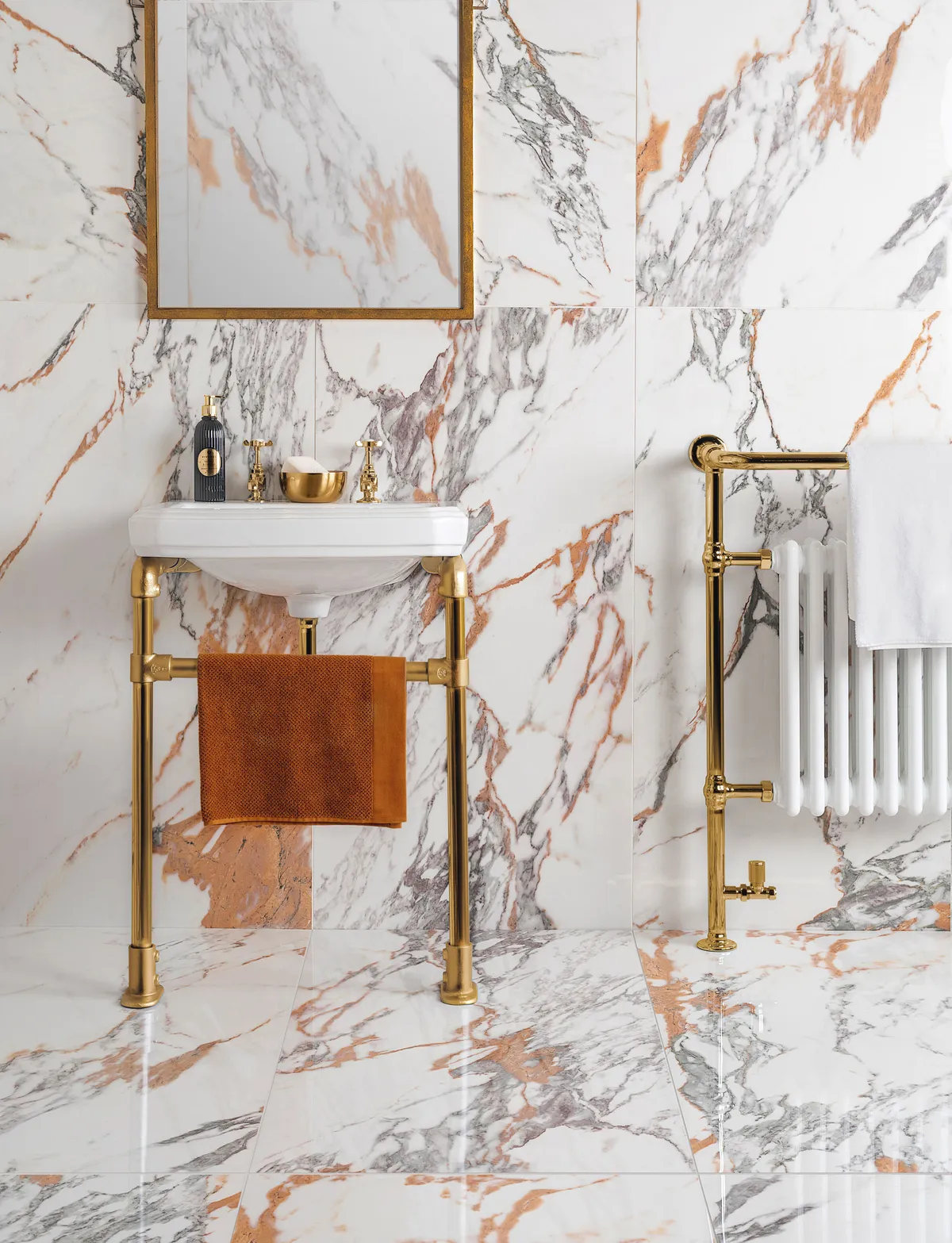 Deluxe Gold Leaf Ultra Gloss White marble-effect tiles, £46.95 per sq m, Walls and Floors