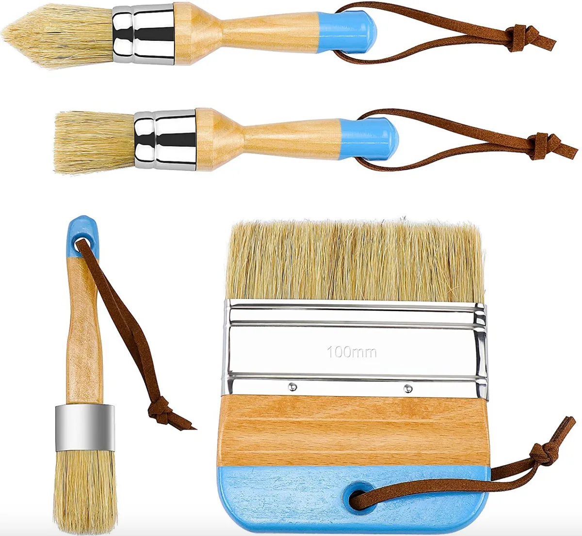 4 Pieces Chalk and Wax Paint Brushes,Reusable Flat and Round Chalked Paint  Brush Set with Bristles for Wood Furniture Home Decor DIY Painting (Blue)