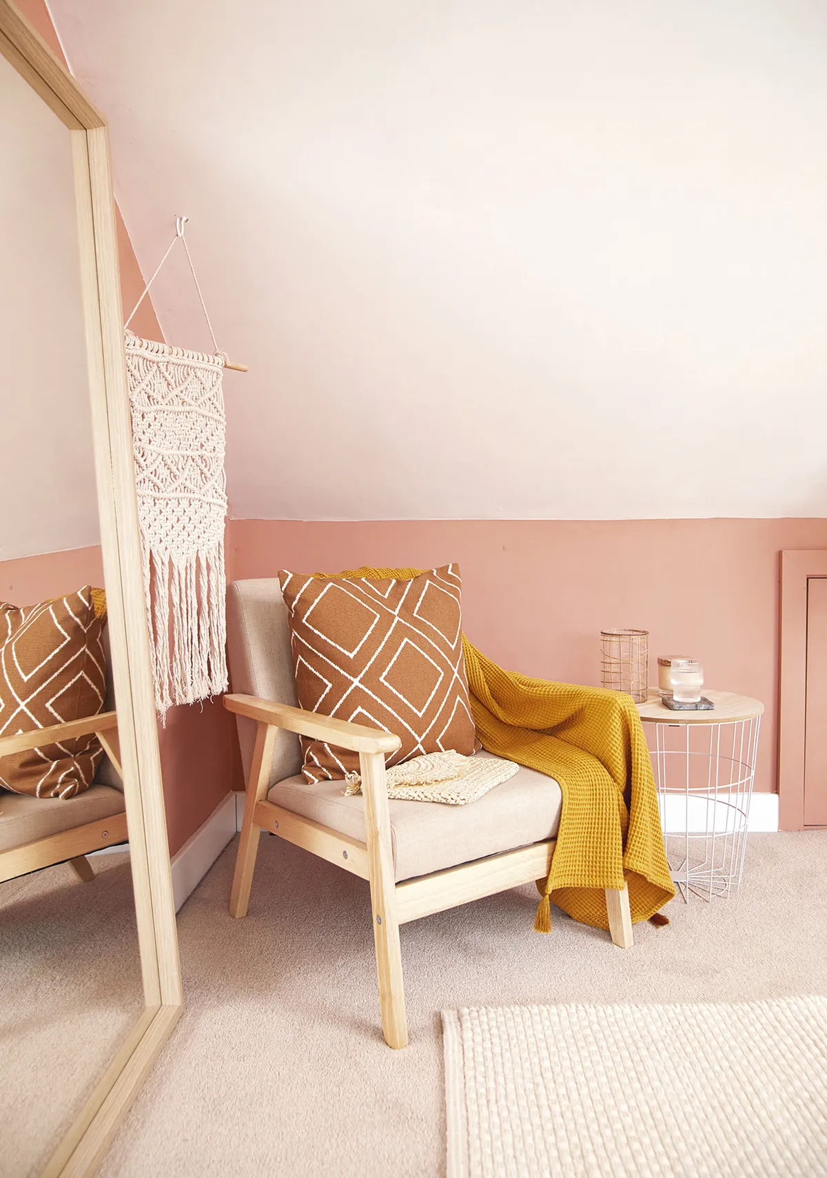 ‘We knew we wanted this room to be bright but also cosy, so we chose a paint colour that was a warm take on a newly plastered wall effect. The chair is from eBay and helps create a relaxing corner’