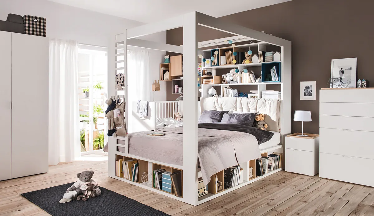 Vox 4 You four-poster king bed with storage shelves in White, £945, Cuckooland