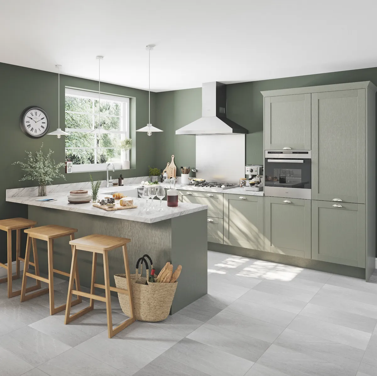GoodHome Alpinia traditional Shaker kitchen in Matt Green, £1,008 for an eight-unit design, B&Q 