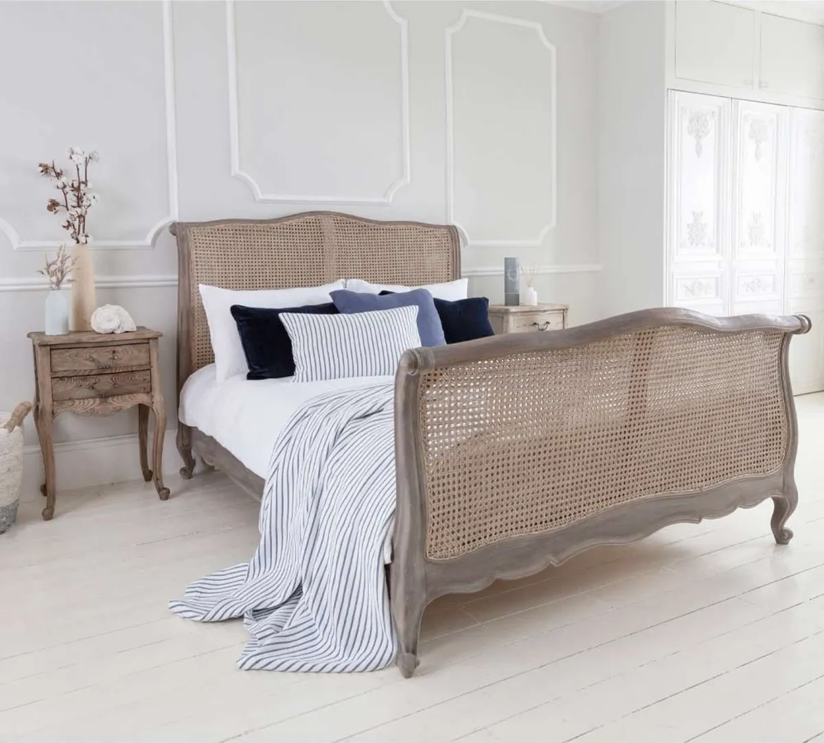 Chateauneuf Whitewash Rattan Sleigh Bed, The French Bedroom Company