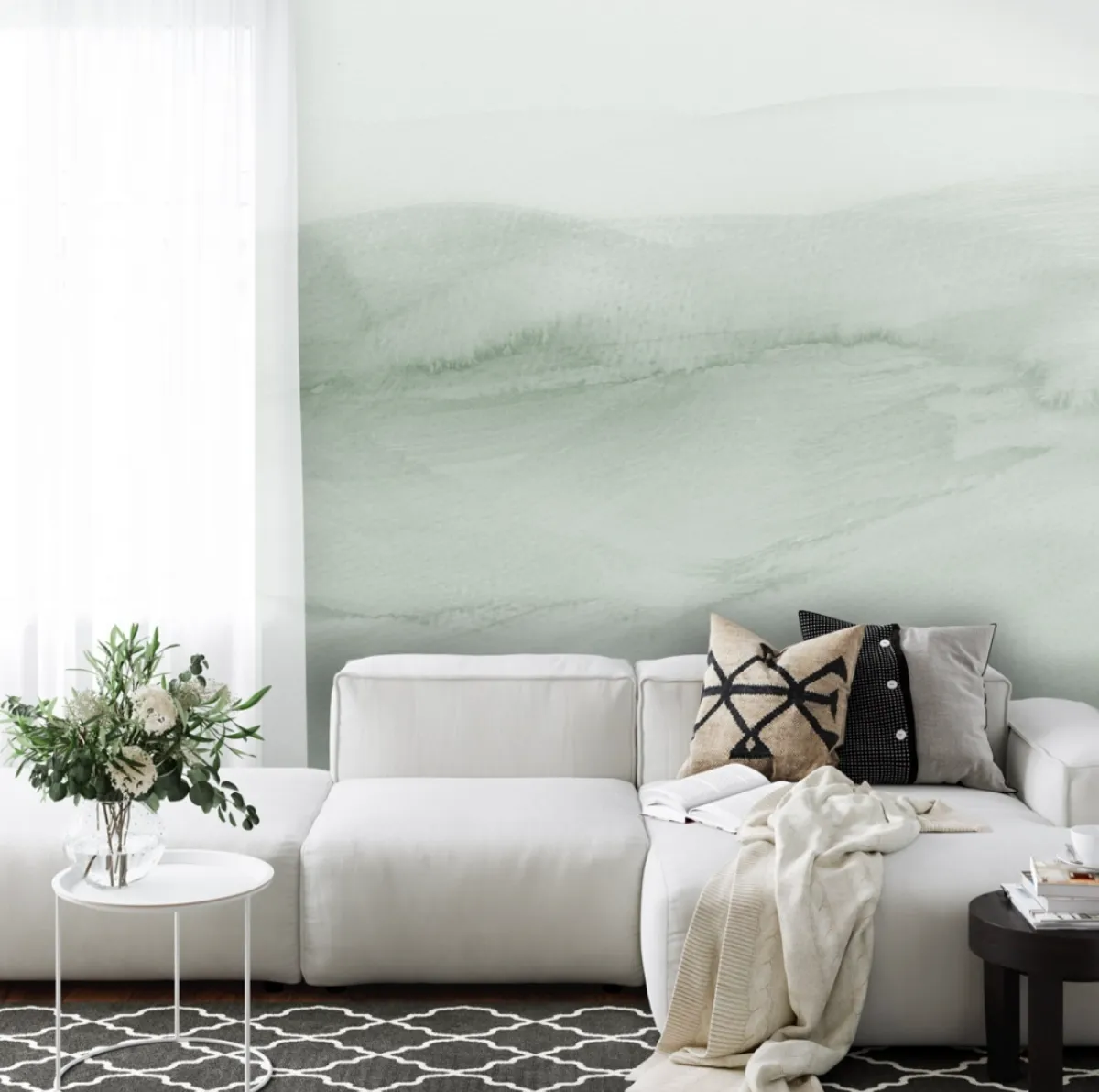 Watercolour Ombre mural in sage green