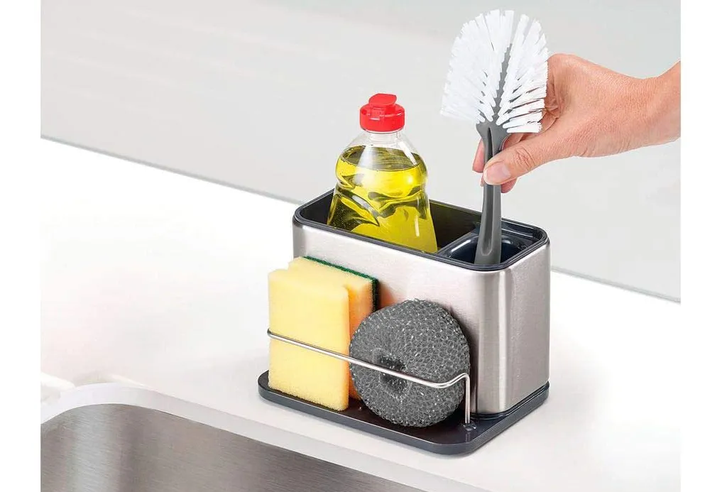 Joseph Joseph Surface Stainless-Steel Caddy Sink Area Organiser with cleaning supplies on a worktop