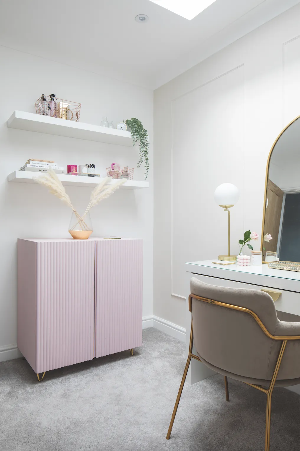 ‘Originally, the guest bedroom walls were pinky-brown, but when it became my office, I didn’t find it very relaxing,’ says Becca. ‘We made wall panels with beading and painted in Coty 1, a nude shade by Decorating Centre Online – now the room feels more like us’