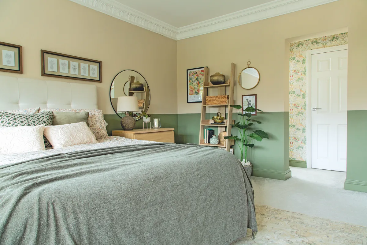 ‘I wanted our bedroom to feel relaxing but also make the most of the gorgeous west-facing light,’ says Jade. ‘I chose a beautiful green colour for the walls, which I softened by teaming it with a neutral hue’