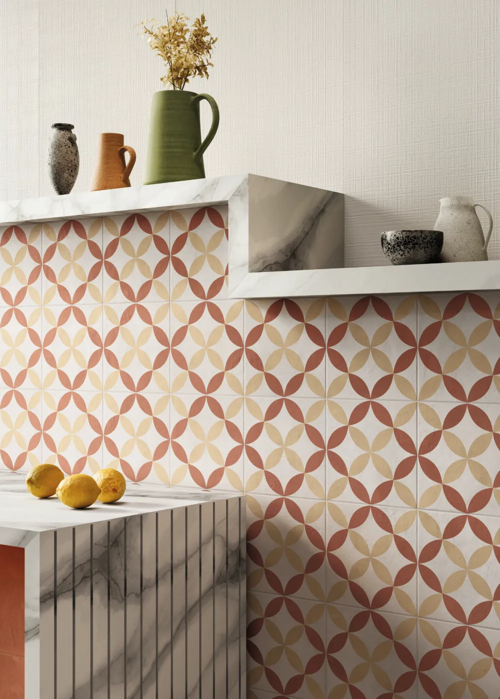 Patterned tiles on a kitchen wall