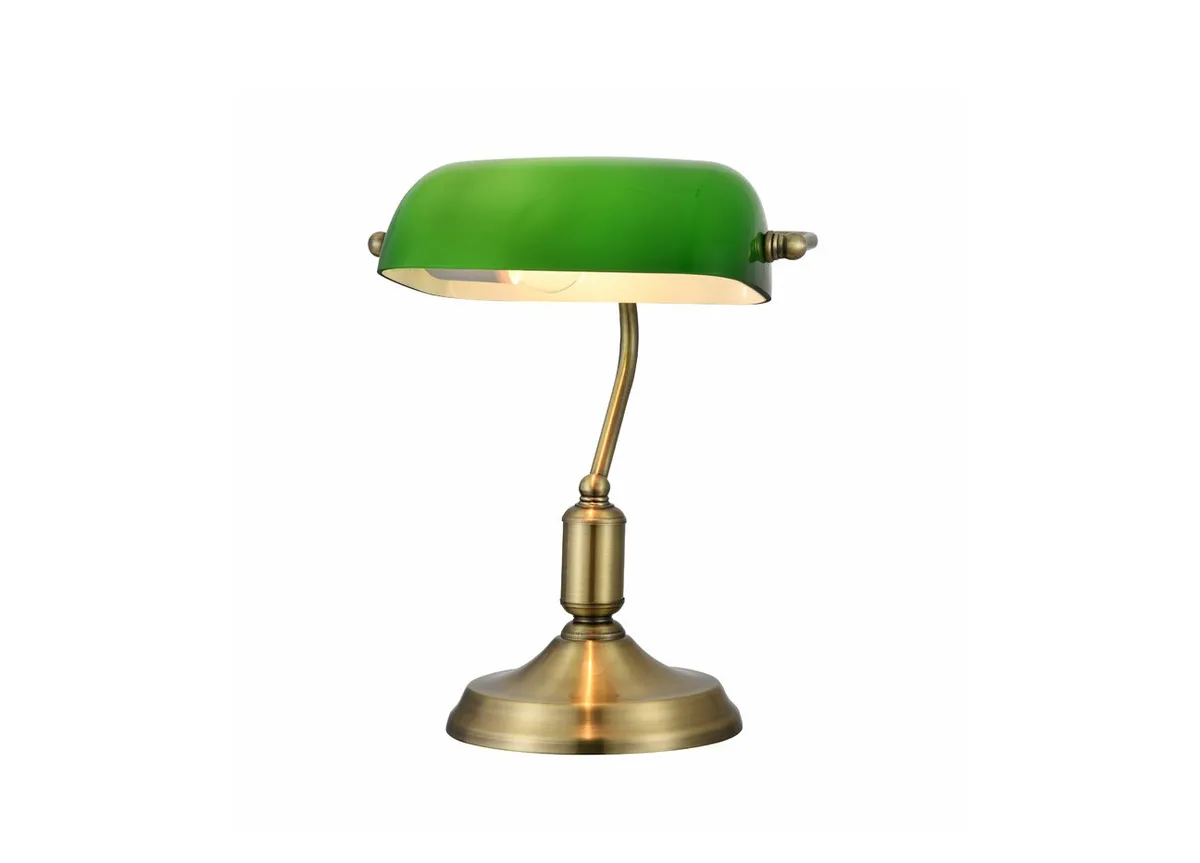 Copper Base Green Shade Hesser lamp on white background