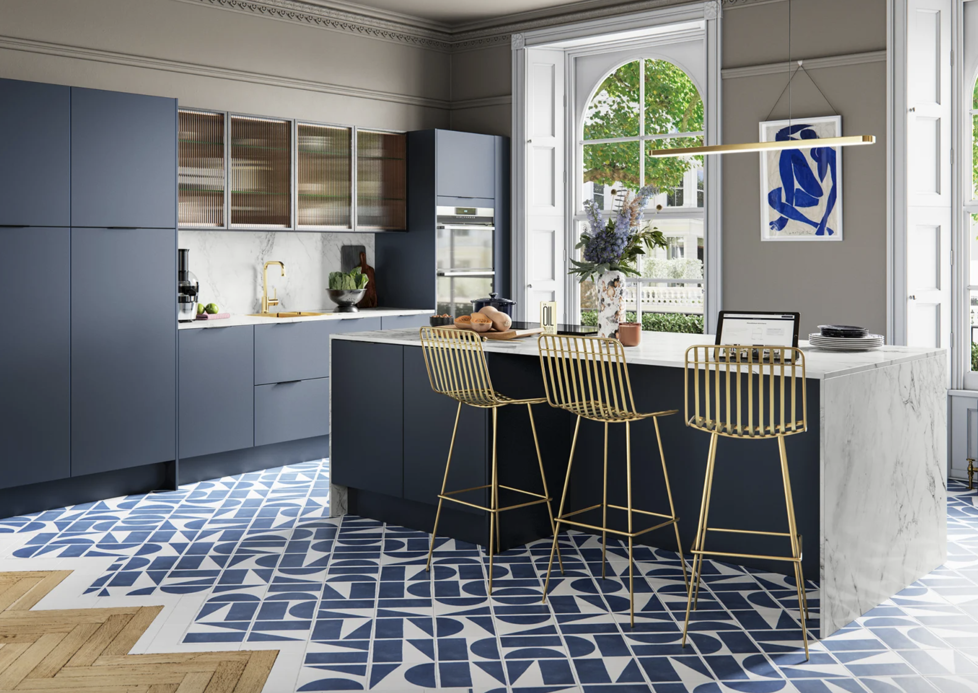 Floor To Ceiling Navy Kitchen Cabinets Design Ideas