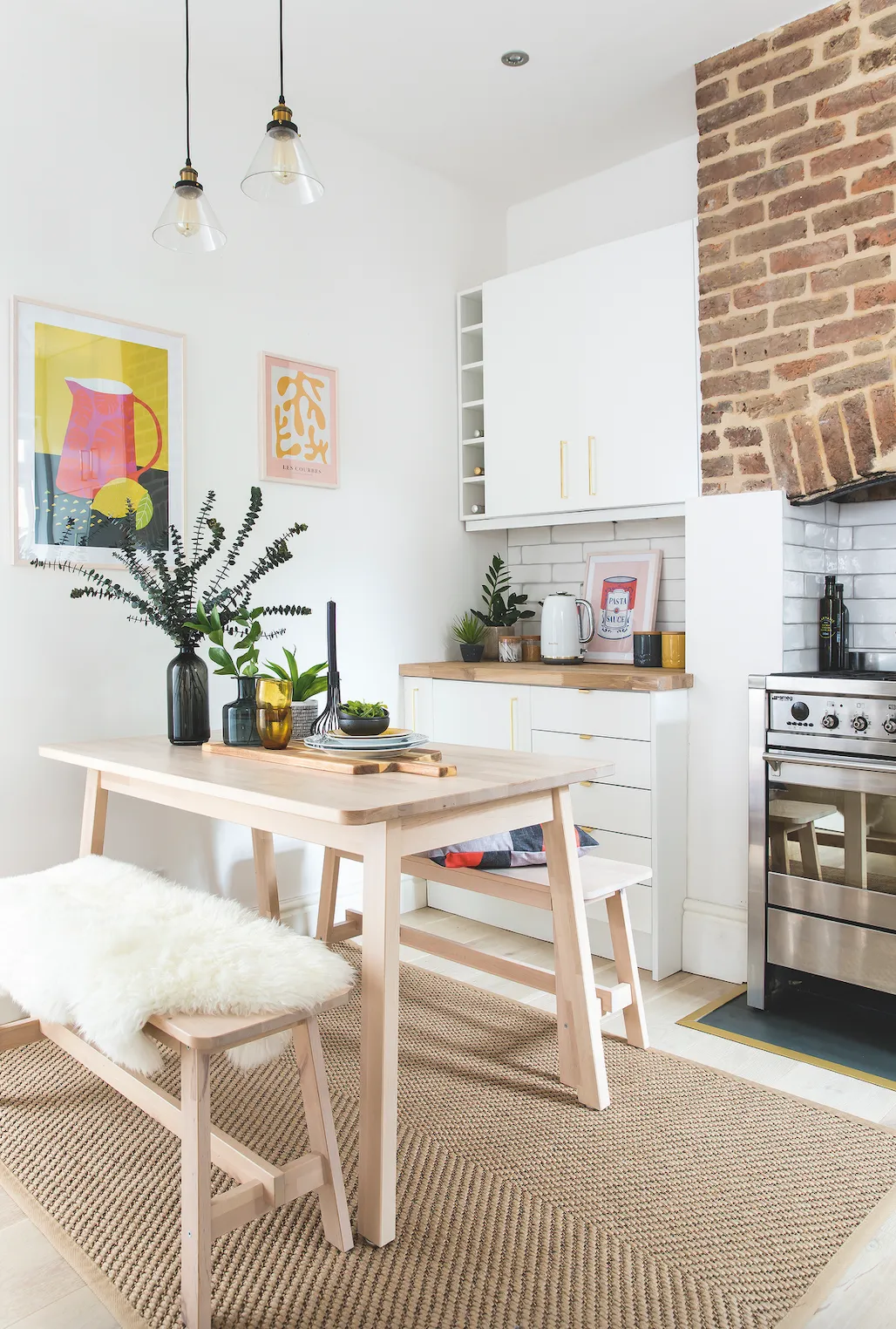 Squeezing in a dining table was high on the list of priorities, so Nadia chose a compact table with matching benches to stop the room looking too cramped