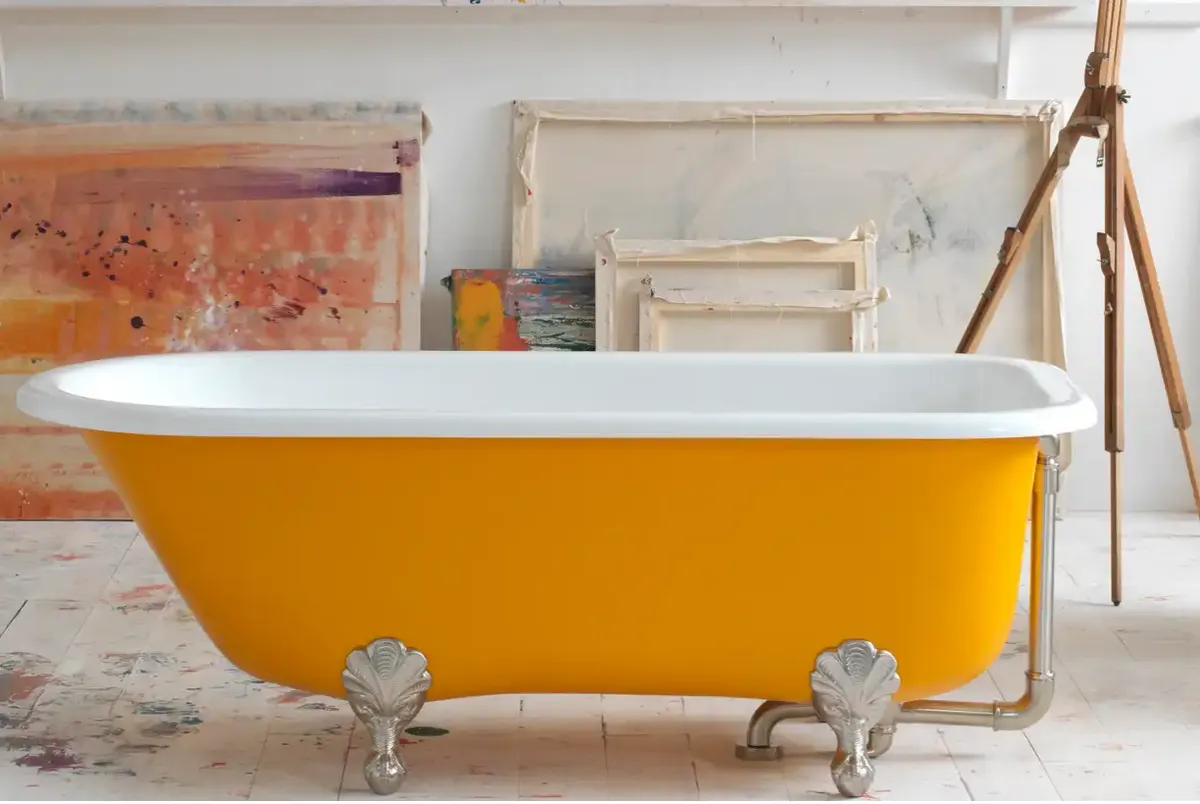 A beautiful vibrant yellow roll top bath from Victoria & Albert
