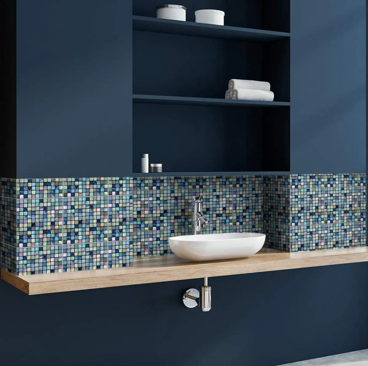 blue mosaic stick on tiles bathroom