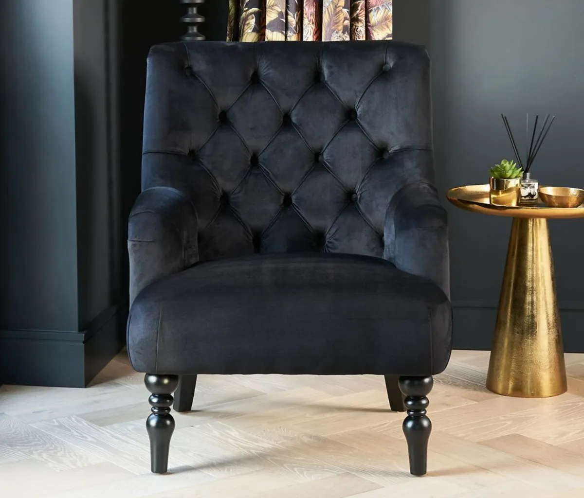 Chatsworth Black Velvet Button Upholstered Armchair