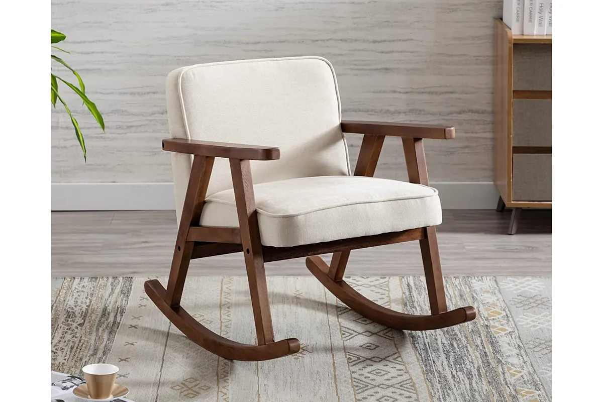Beige and walnut wood rocking chair