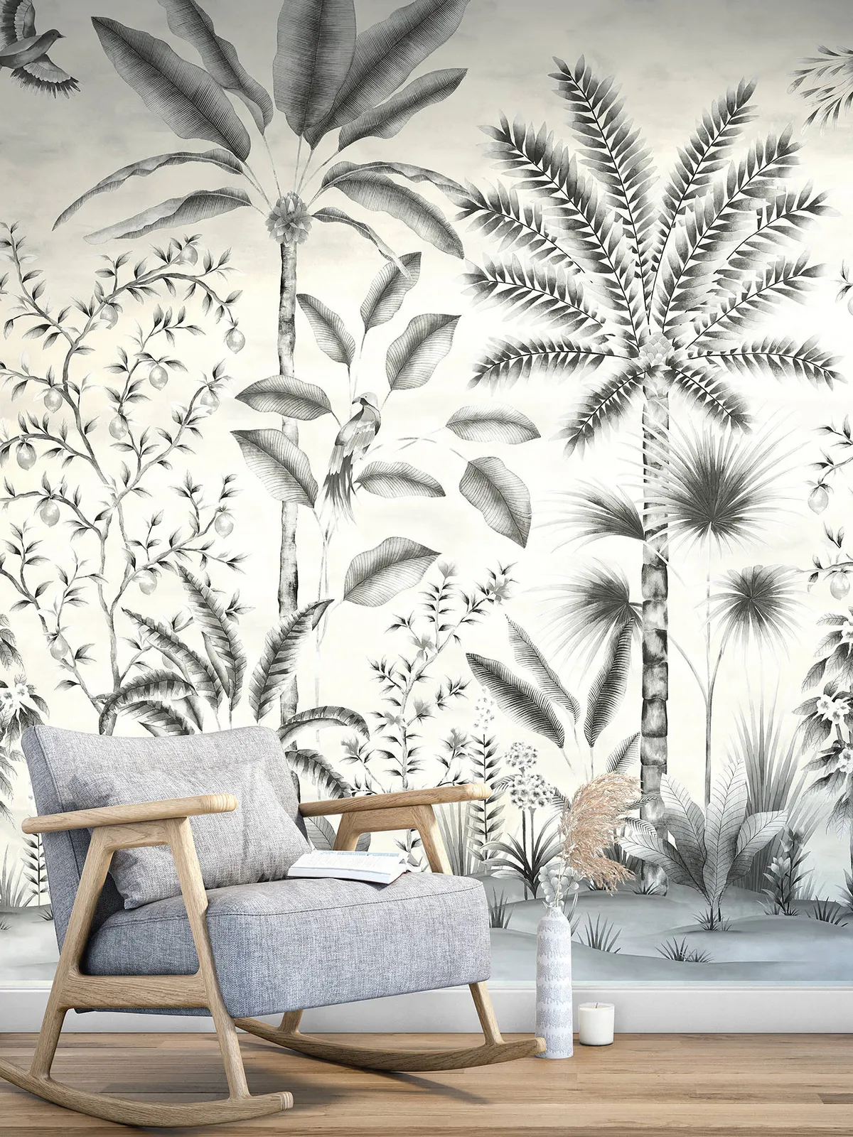 Black and white tropical wall mural