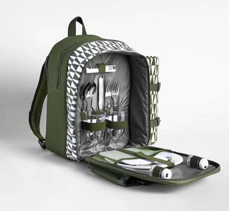 Two-Person Green Geo Picnic Backpack with Blanket