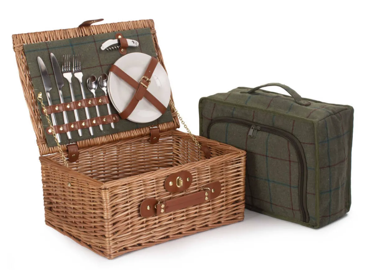 Personalised Two Person Green Tweed Picnic Hamper