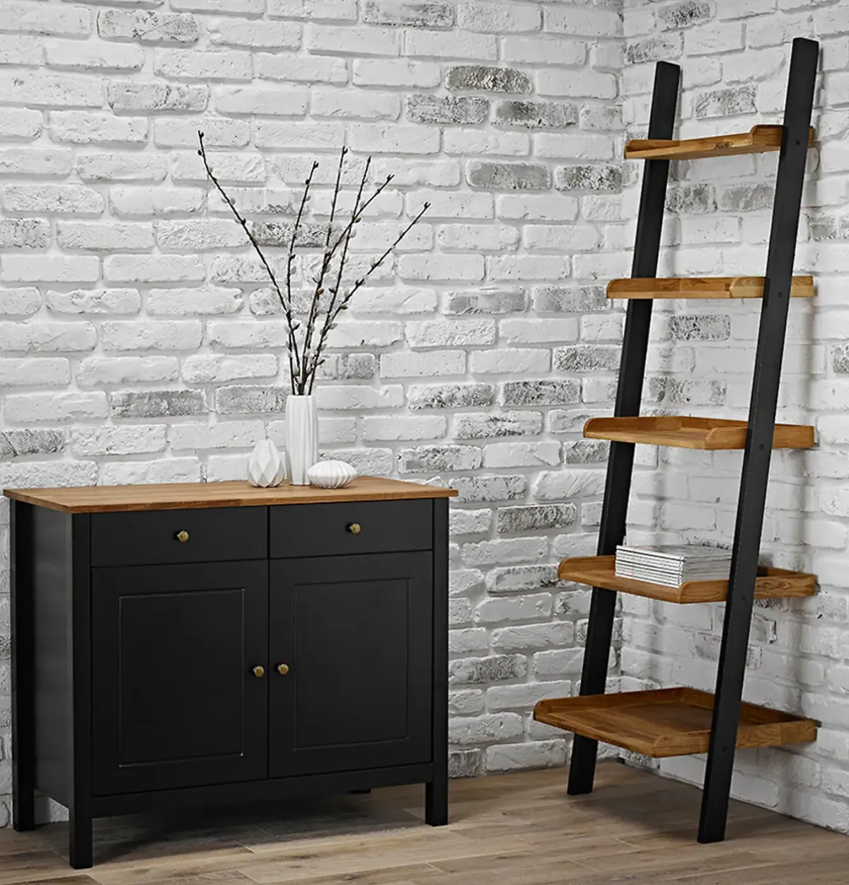 Black Frame Ladder Shelf with Oiled Wood Shelves
