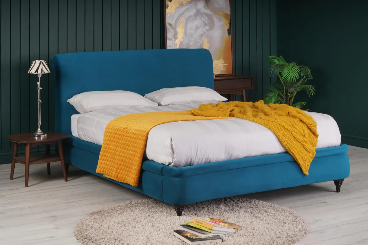 teal and mustard bedroom 