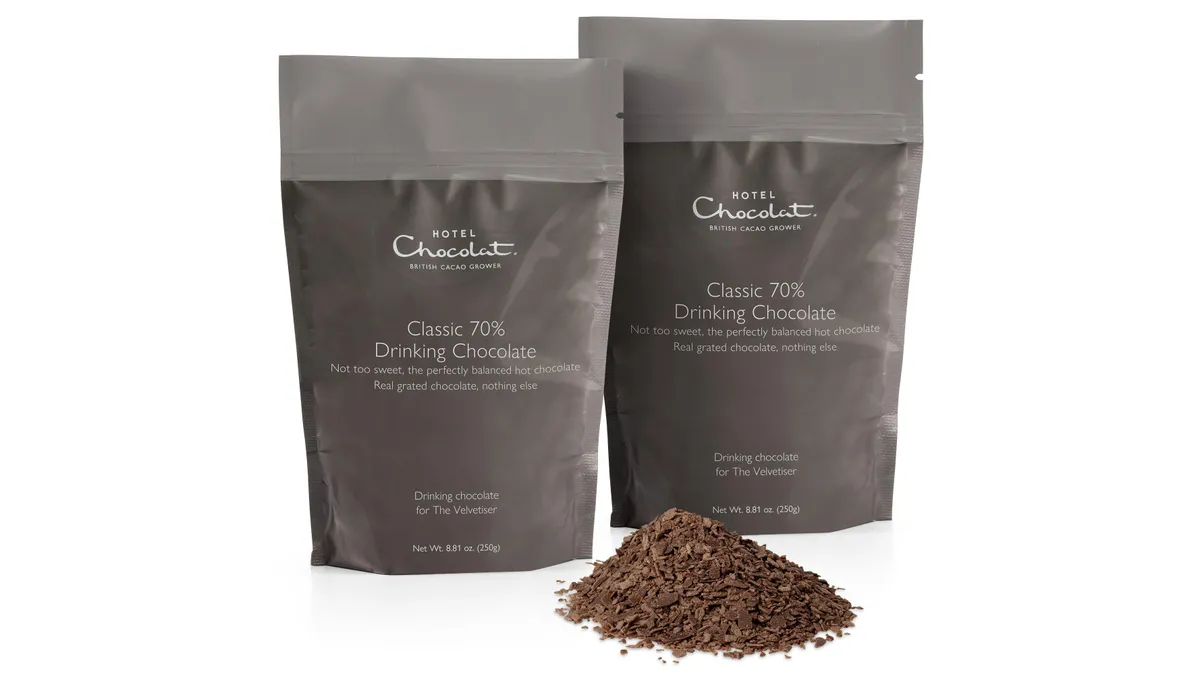Hotel Chocolat 70% grated chocolate pouches with grated chocolate