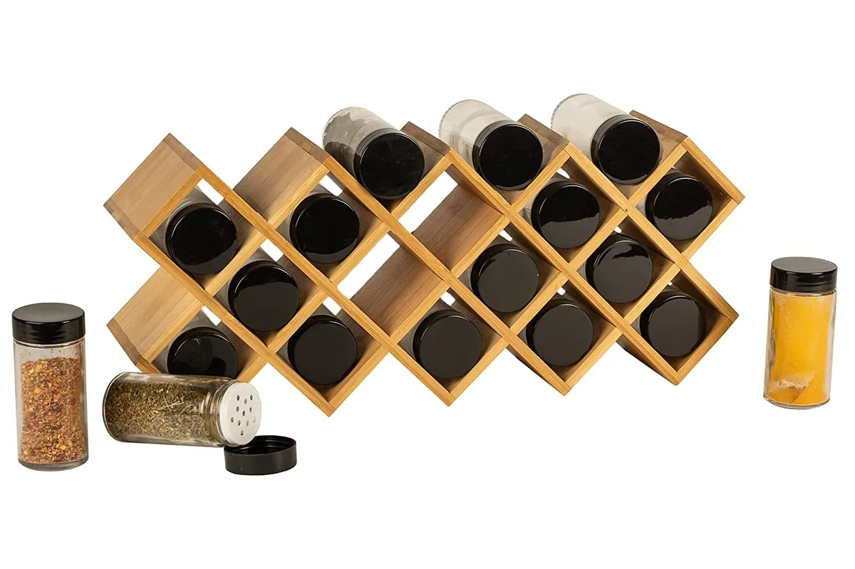 Bamboo Spice Rack with Glass Jars