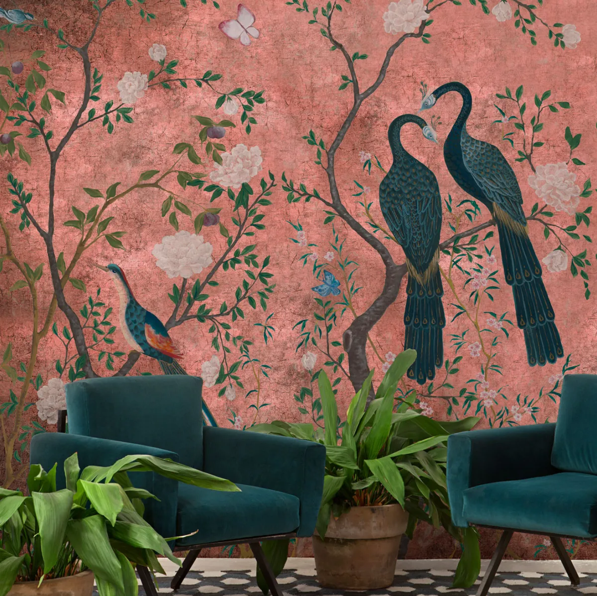 coral chinoiserie wallpaper