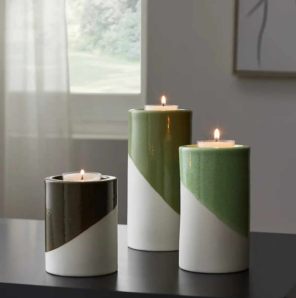 Set of 3 Green Ceramic Tealight Holder