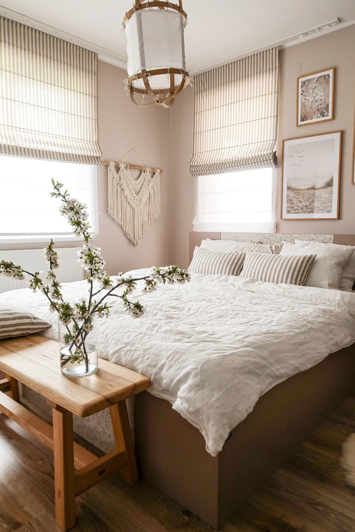 beige bedroom with linen blinds
