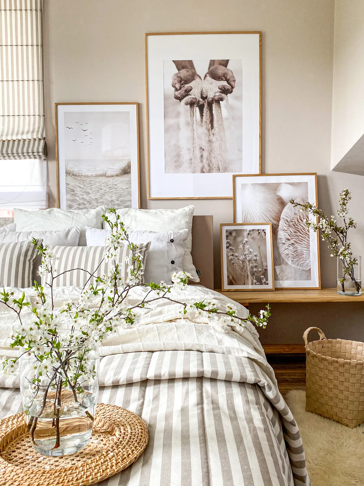 beige bedroom with linen bedding