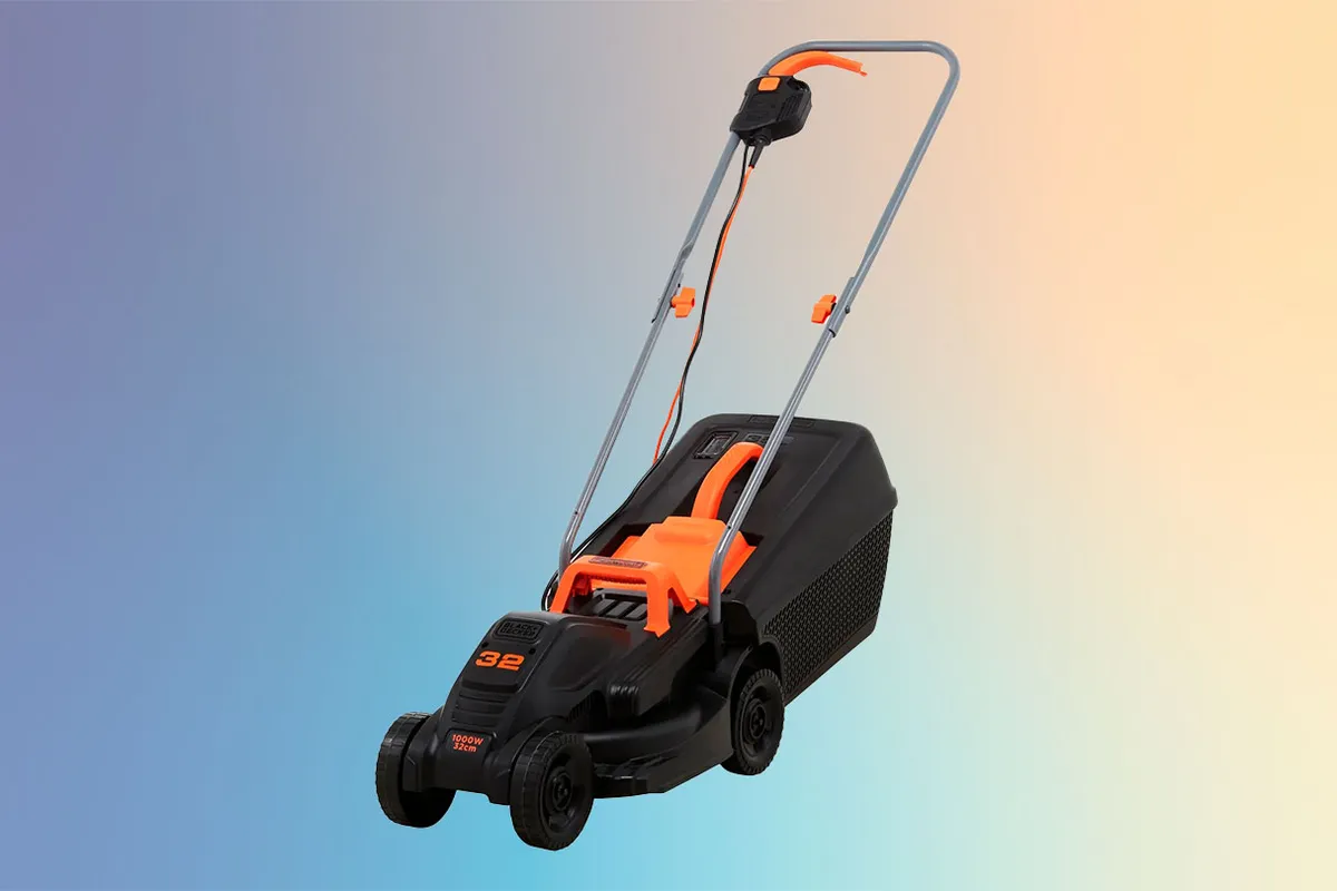 Black   Decker Electric Lawn Mower on a coloured background