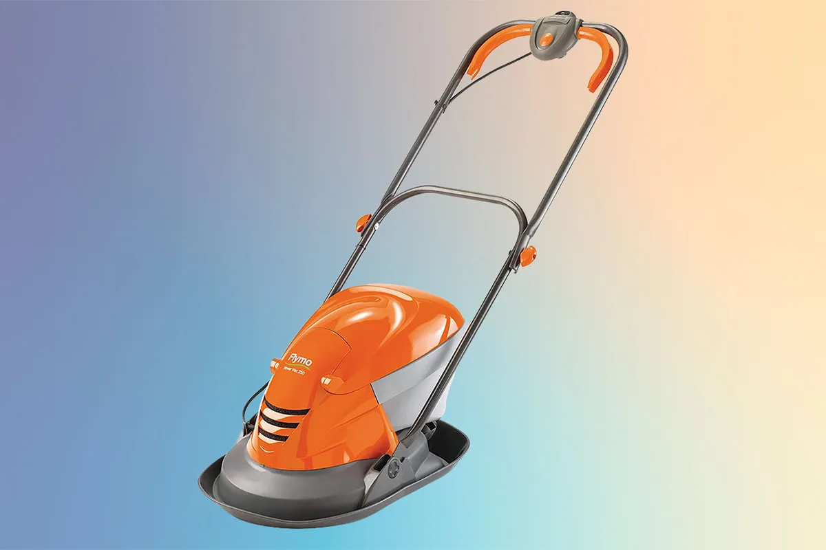 Flymo Hover Vac 250 Lawn Mower on a coloured background