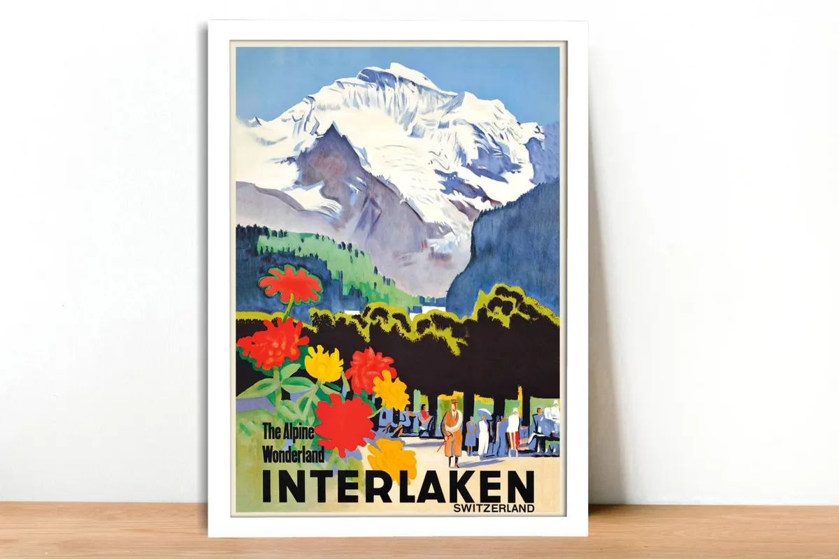 The Alpine Wonderland Interlaken, Switzerland Vintage Travel Poster, Kio Prints on Etsy 