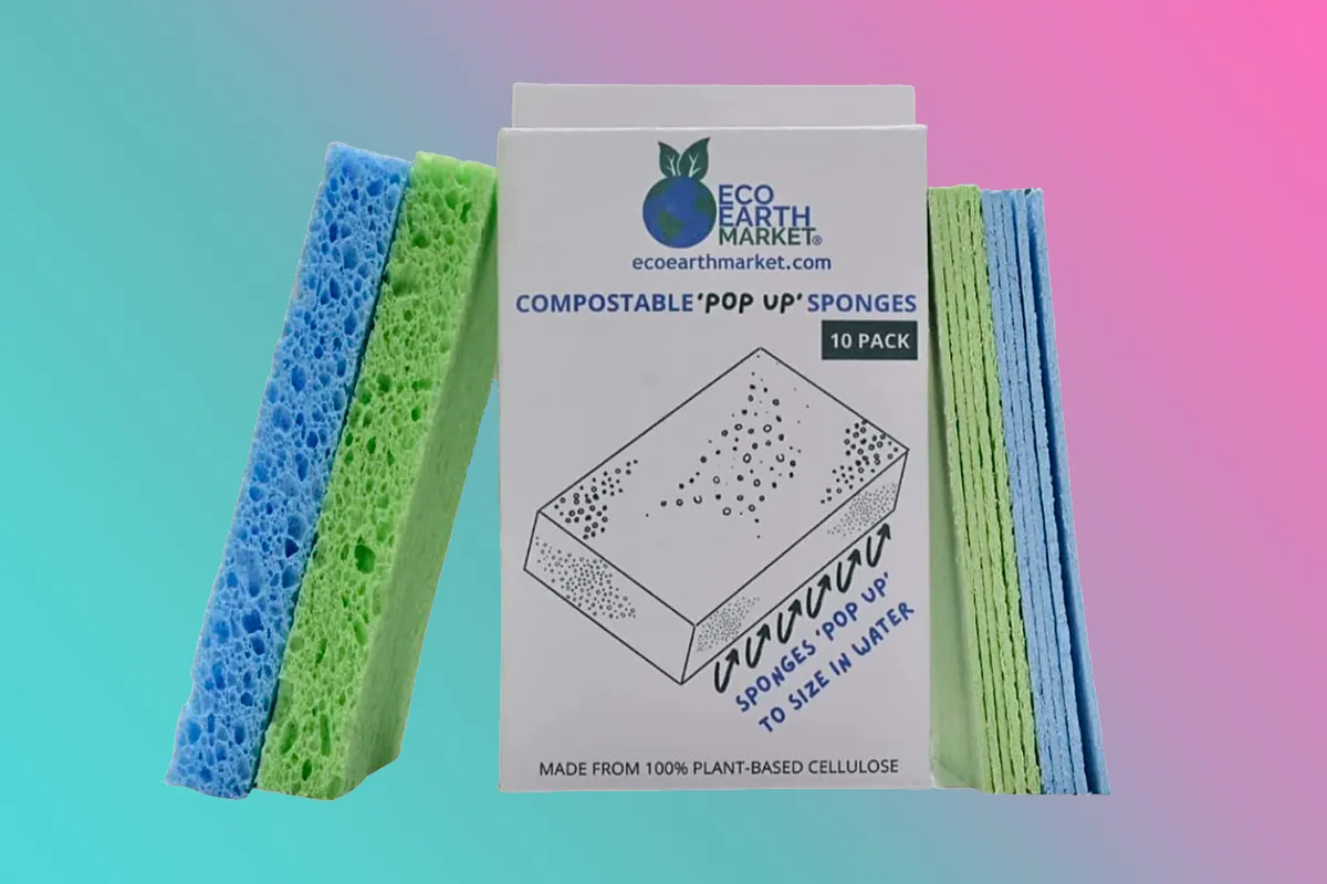 Compostable 'Pop Up' Sponges on a blue and pink background