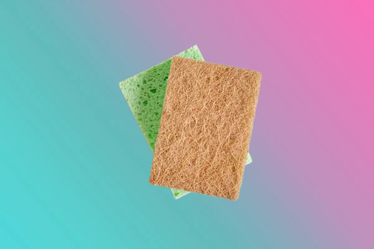 Eco Double Action Vegetable Cellulose Sponge on a pink and blue background
