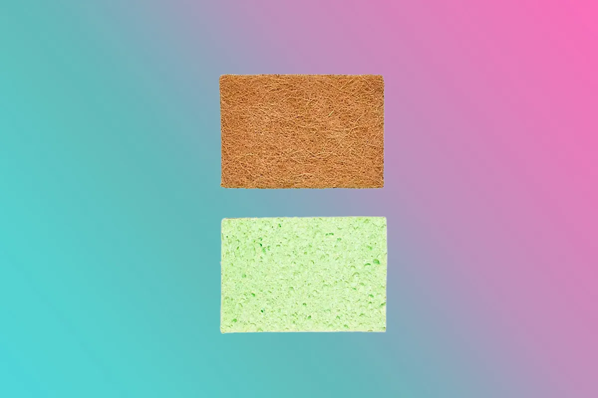 Mr Eco Non-Scratch Fibre and Cellulose Sponges on a blue and pink background