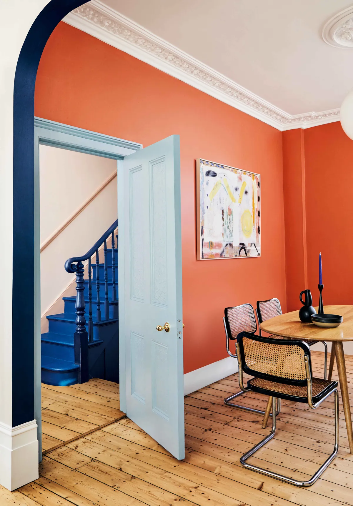 Bedford Square™ 229_(Door)_Coral Orange™ 277_(Walls)_Proper Blue™ 67_(Staircase)_Gentleman's Pink™ 22_(Wall)_Peach Flesh Pink™ 268_(Dado)_Archive Collection_Mylands_2021_1
