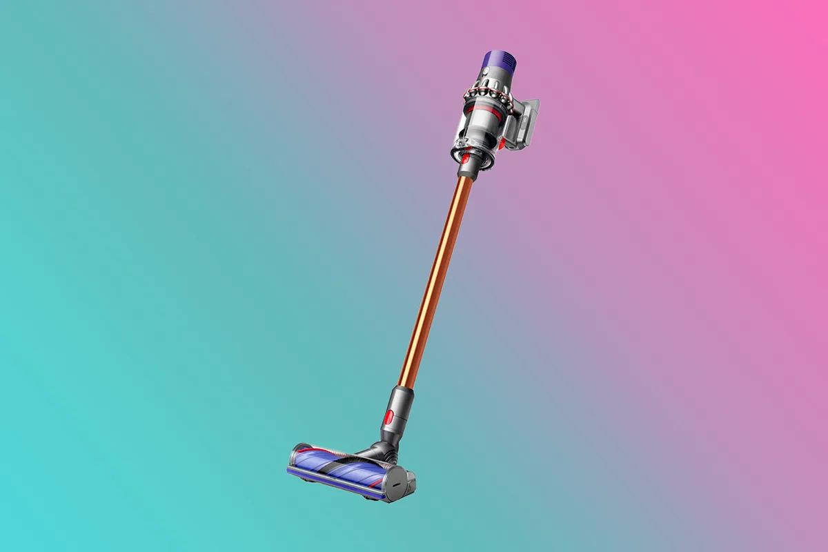 Dyson Cyclone V10 Animal Cordless Vacuum Cleaner on a pink and blue background