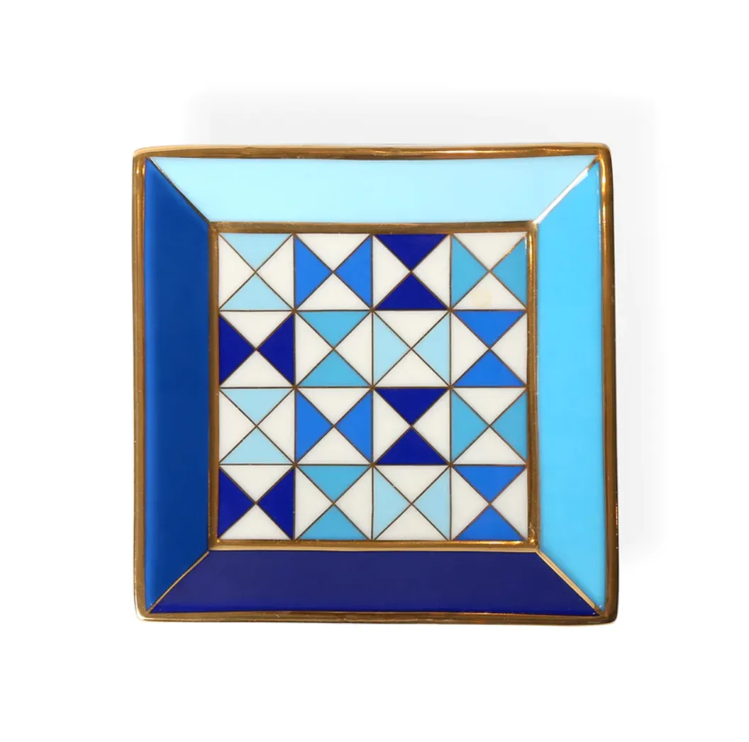 Blue goemetric patterned Jonathan Adler Sorrento Square Tray on white backround