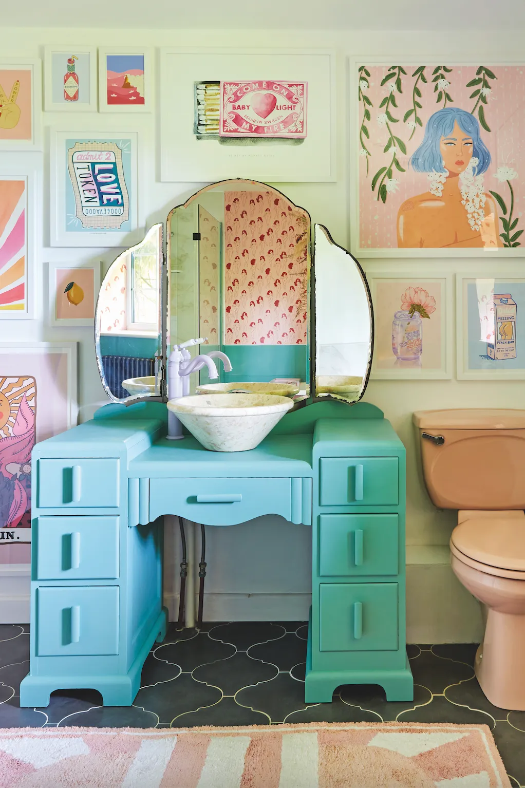 ‘I regularly swap my pictures around to refresh a room,’ says Charlotte. A colourful new gallery wall in the bathroom is currently making her smile