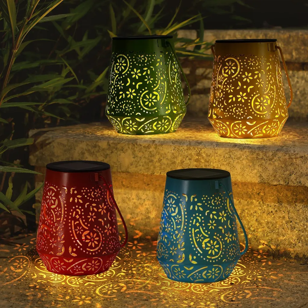 Garden Lanterns, OxyLED 4 Pack Solar Lanterns Colorful IP44 Waterproof Hanging Metal Solar Lanterns for The Garden Moroccan Lanterns Outdoor Solar Lantern for Patio Fence Tree Room Outside