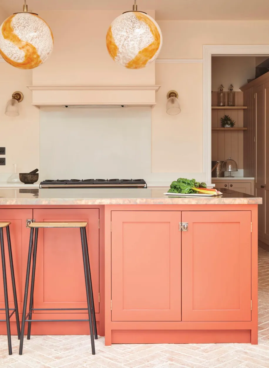 Shaker kitchen in Farrow & Ball Pink Ground and Bamboozle, from £10,000, Olive & Barr