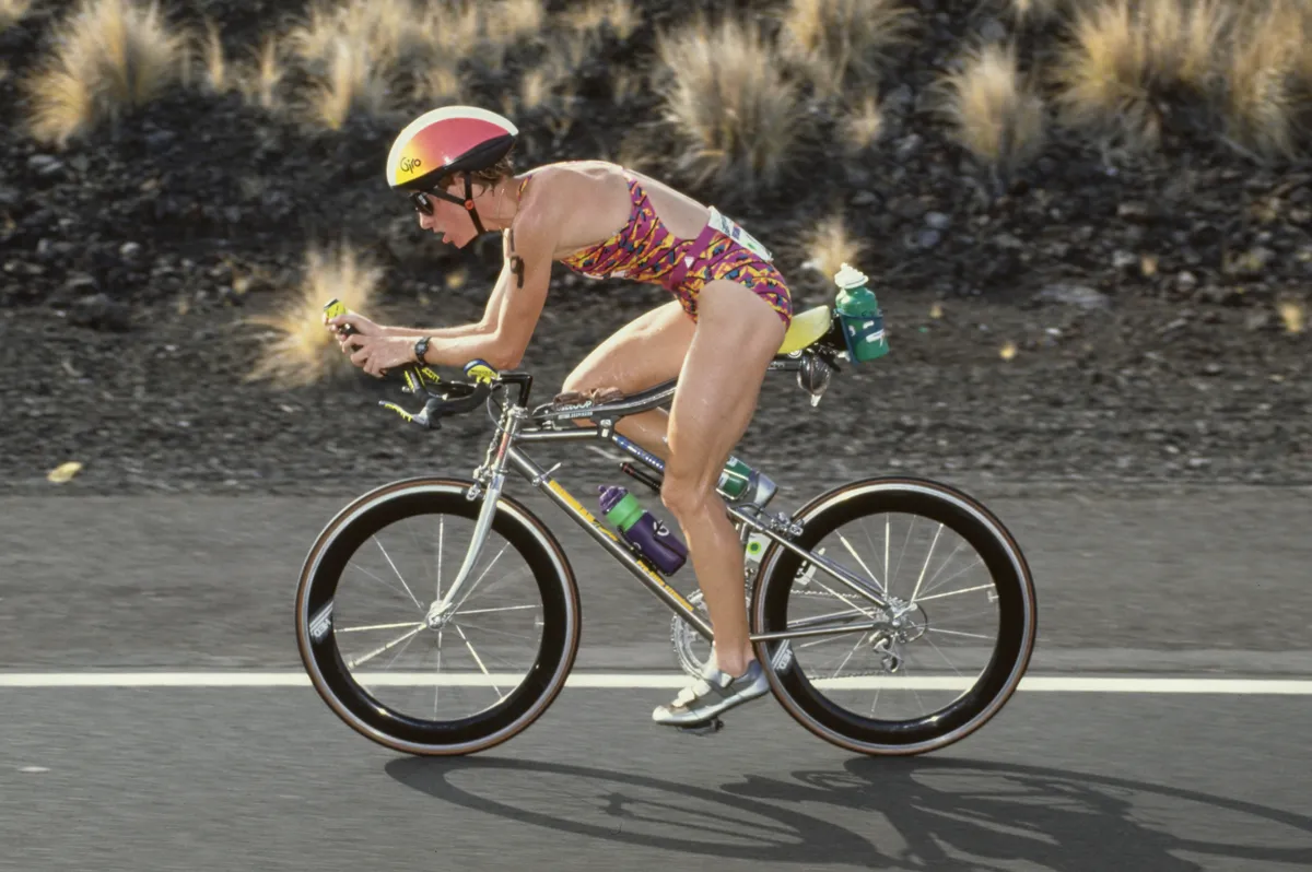 Erin Baker of the United States riding in the 112 mile bicycle ride section of the Gatorade Ironman Triathlon World Championship on 19th October 1991 at Kailua Kona in Hawaii, United States. (Photo by Gary Newkirk/Allsport/Getty Images)