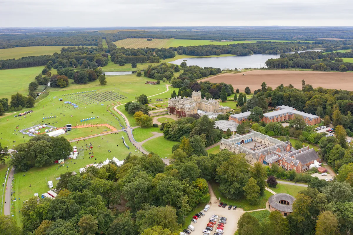 An aerial view of Thoresby Park hosting the Outlaw X Triathlon