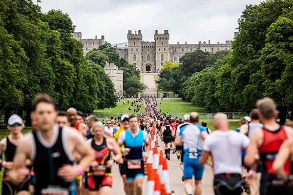 Windsor Triathlon athletes run down the historic Long Walk, a 3-mile avenue from Windsor Castle to the Copper Horse Statue
