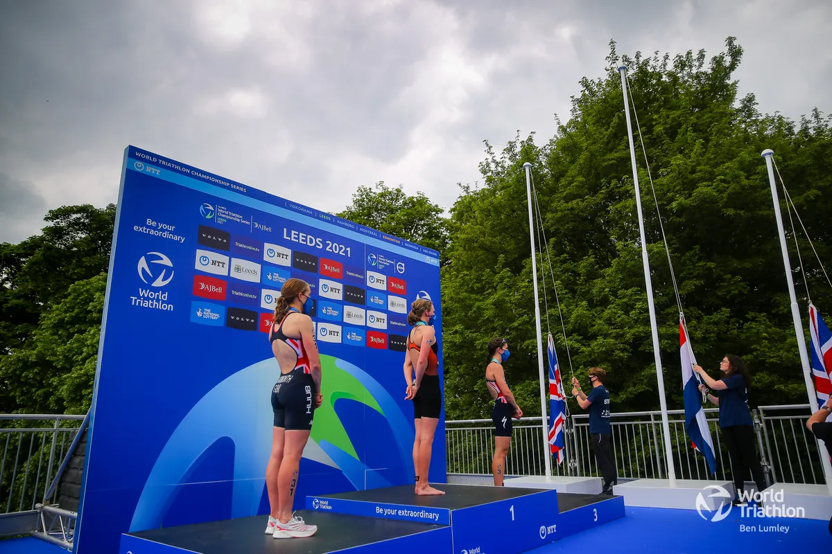 The women stand on the podium at Leeds triathlon
